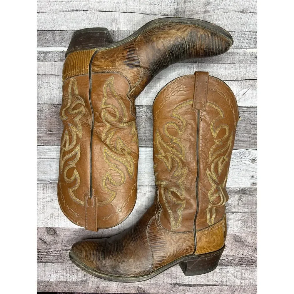 Tony Lama Western Boots Brown Leather Cowboy Vintage Exotic Men’s size 9 D